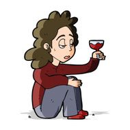 cartoon unhappy woman with glass of wine N4