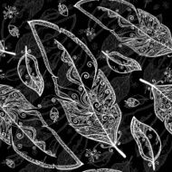 Black and white doodle feathers seamless pattern