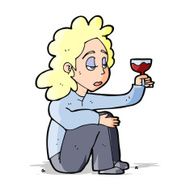 cartoon unhappy woman with glass of wine N5