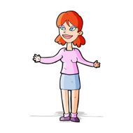 cartoon happy woman shruggin shoulders N2