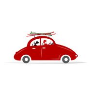 Man and dog in red car with skis on the