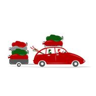 Family traveling by red car with luggage