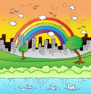 City Skyline Park and rainbow with Ducks Swimming in Pond