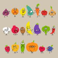 Cartoon Fruits and Vegetables with Facial Expressions Set