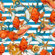 Seamless background with Sea Shells and fish