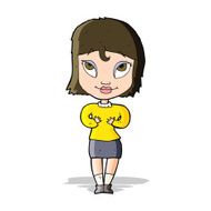 cartoon woman gesturing at self N12