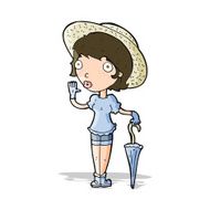 cartoon woman in summer hat waving N2