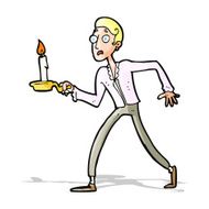 cartoon frightened man walking with candlestick N4