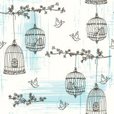 Doodled Birds and Cherry Blossoms Seamless Pattern
