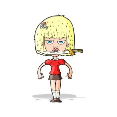 cartoon woman with knife between teeth N15