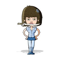 cartoon woman with knife between teeth N16