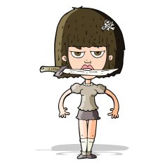 cartoon woman with knife between teeth N17