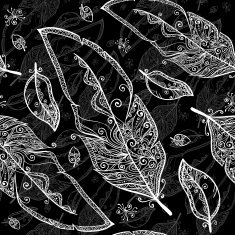 Black and white doodle feathers seamless pattern