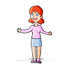 cartoon happy woman shruggin shoulders N2