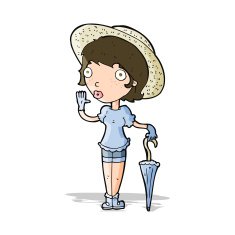 cartoon woman in summer hat waving N2