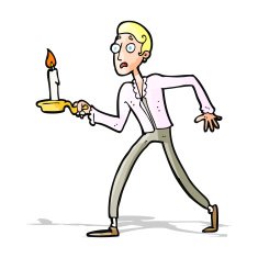 cartoon frightened man walking with candlestick N4