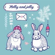 Set of cute winter christmas vector drawings bunnies tree branches