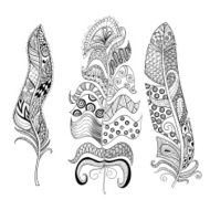 Zentangle stylized elegant feathers set Hand drawn vintage illu