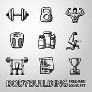 Set of Bodybuilding freehand icons with - dumbbell weight bodybuilder