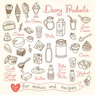 Set drawings of milk and dairy products for design menus