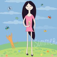 Summer happy girl with cat illustration