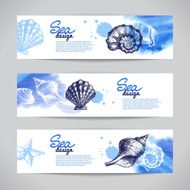 Seashell banners Sea nautical design Hand drawn sketch and wat