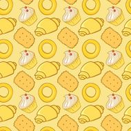 Seamless pattern delicious pastries cookies croissants biscuits in doodle style