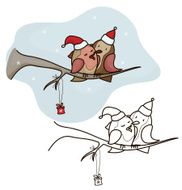 Vector two birds sitting on branch Christmas card