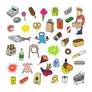 Hand drawn collection of supermarket symbols Food drinks bakery