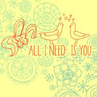 Cute hand drawn vector love card with birds and flowers