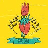True love card with heart and fire