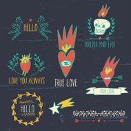 hand drawn romantic set wit skull heart and fire