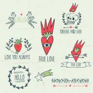 hand drawn romantic set wit skull heart and fire N2