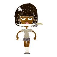 cartoon woman with knife between teeth N20