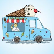 Hand drawn sketch Ice Cream Truck with seller N2