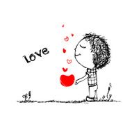 Boy with red heart valentine card sketch for your design