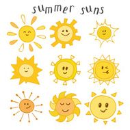 Set of cute summer suns Hand drawn smiley suns