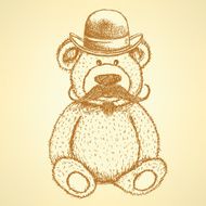 Sketch Teddy bear in hat with mustache vector background N2