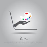 hand hold palette from laptop vector icon