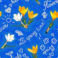 Spring seamless pattern with realistic colors crocuses and scribbles