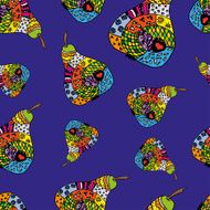 Zentangle colorful pear on blue background seamless pattern