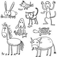 Cartoon animal characters in black and white
