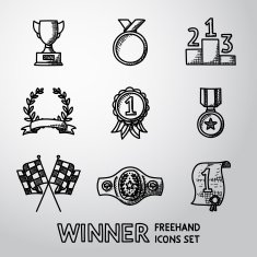 Set of winners handdrawn icons - goblet medal wreath race
