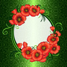 frame with red poppies and green damask patterned background