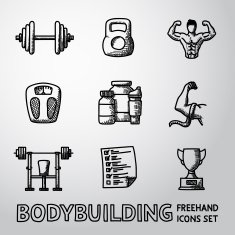 Set of Bodybuilding freehand icons with - dumbbell weight bodybuilder