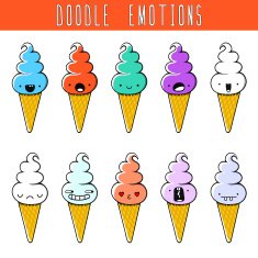 Set of 10 colored doodle ice cream with emotions Dessert