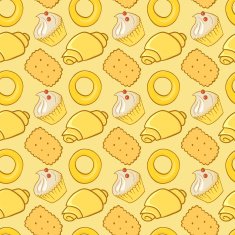 Seamless pattern delicious pastries cookies croissants biscuits in doodle style