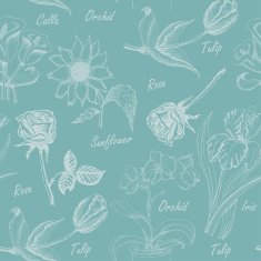 Seamless pattern with flowers Iris calla lily tulip orchid sunflower