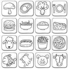 Doodle food icon set in black and white