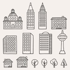 Set of hand drawn houses for town illustration